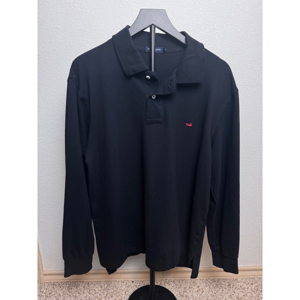 Southern Marsh Mens Long Sleeve Polo Shirt Black Red Mallard Logo Size L Pique
